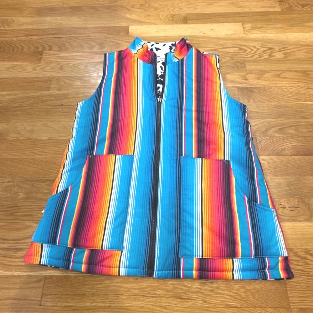 Southern Stitch Serape Vest Cow‎ Print Lining Multi Color Striped Zip Up S/M